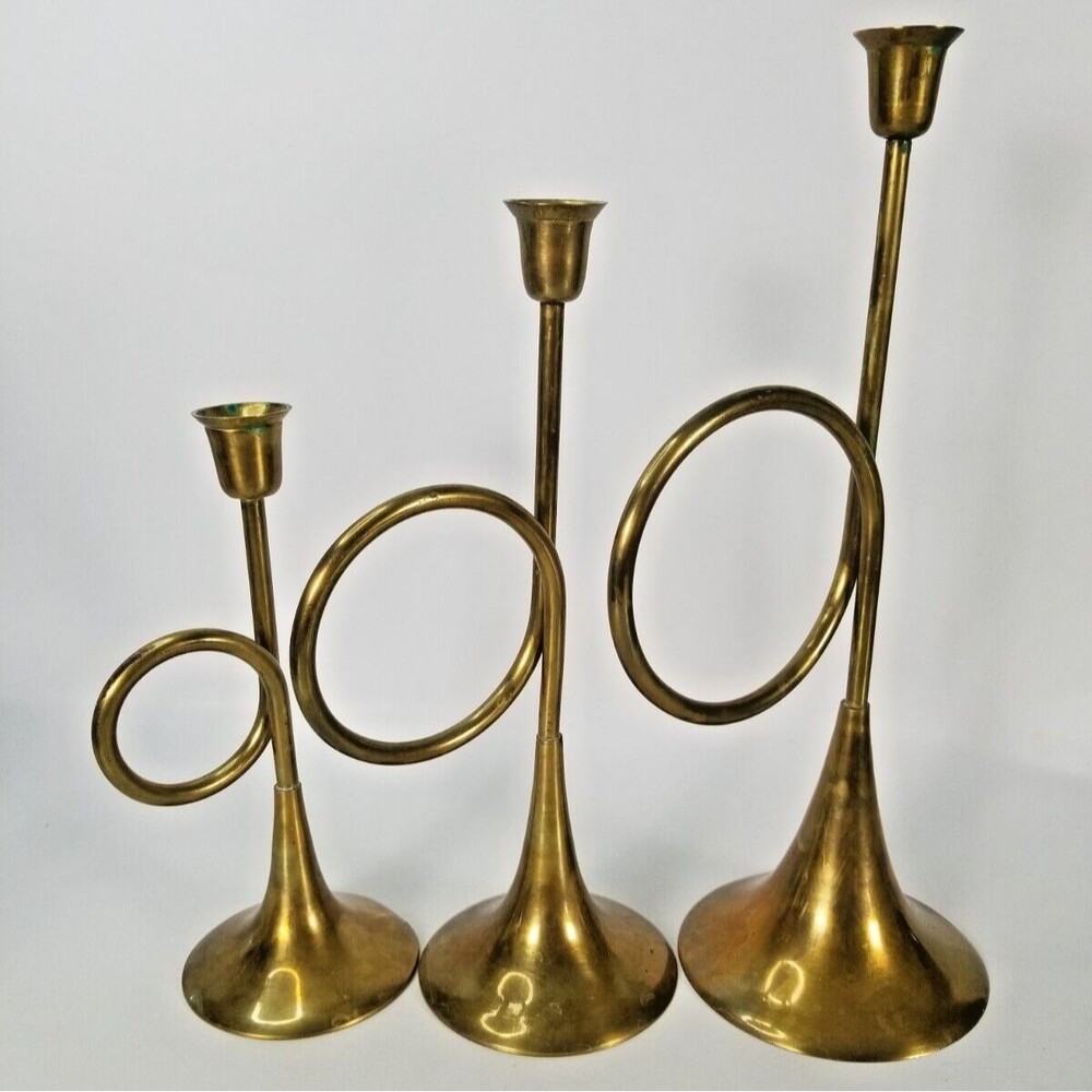 VINTAGE 3pc Solid Brass Horn Candlestick Tabletop Candleholder Set Hosley